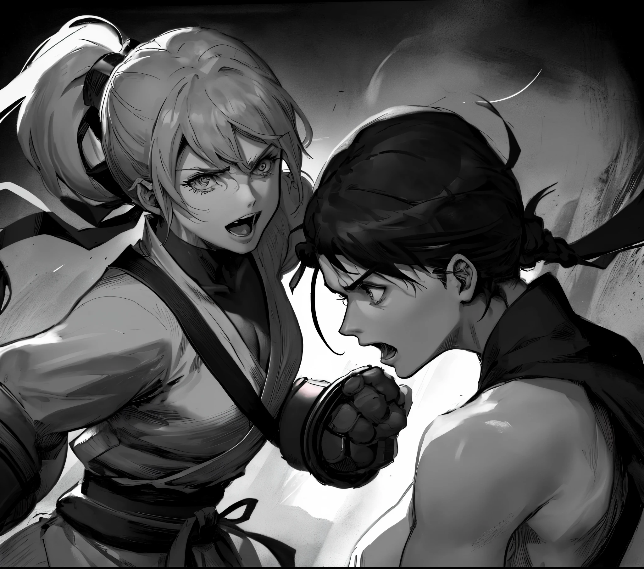 2girls,(fighting stance),face to face,angry, blood on face