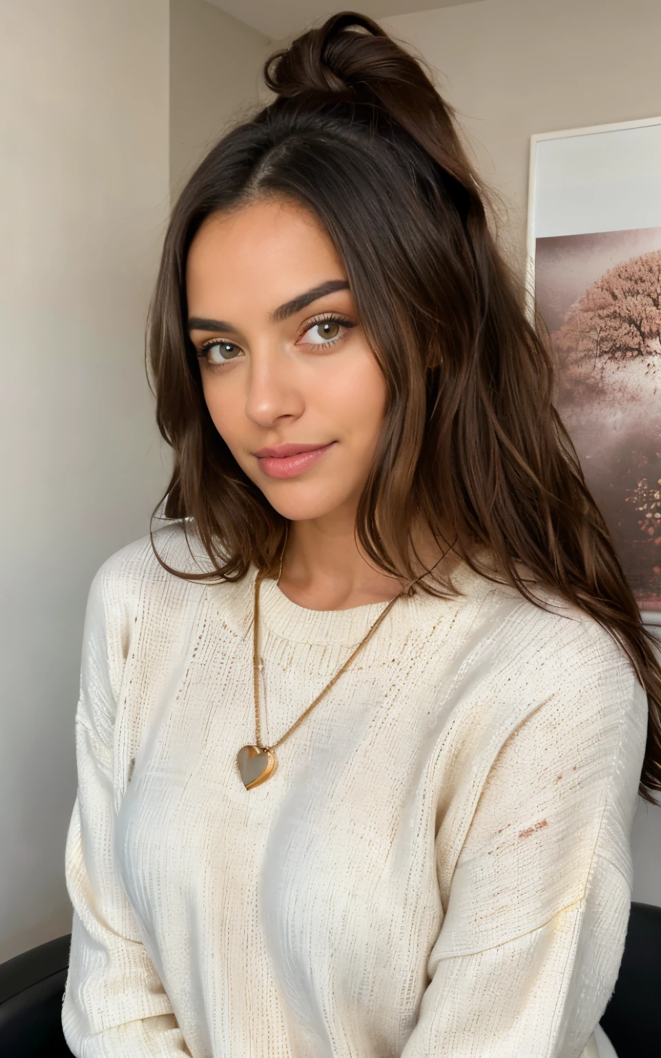 Beautiful brunette in a light beige sweater (Nail care in a modern beauty salon), muy detallado, 21-year-old, Cara inocente, cabello ondulado natural, ojos azules, High resolution, Obra maestra, La mejor calidad, Detalles intrincados, Altamente detallado, foco nítido, Piel detallada, textura realista de la piel, textura, ojos detallados, profesional, 4k, sonrisa encantadora, filmado en Canon, 85 mm, poca profundidad de campo, Kodak Vision Color, Cuerpo de ajuste perfecto, extremadamente detallado, Cinematographer_\(ultra\), photoreallistic, Realstic, Postproceso, Maximum details, aspereza, vida real, ultra realista, Fotorrealismo, Cinematographer, 8k UHD, Cinematographer
