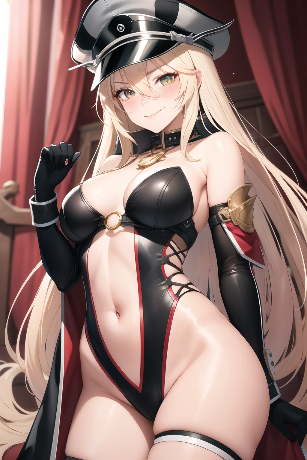 masterpiece, best quality, highres,  long hair, 1girl, solo,  bismarck, a woman wearing black BMR, medal on left shoulder, BIS_hat, white glove, sexy pose, blush, little smile, bangs, hair_between_eyes,