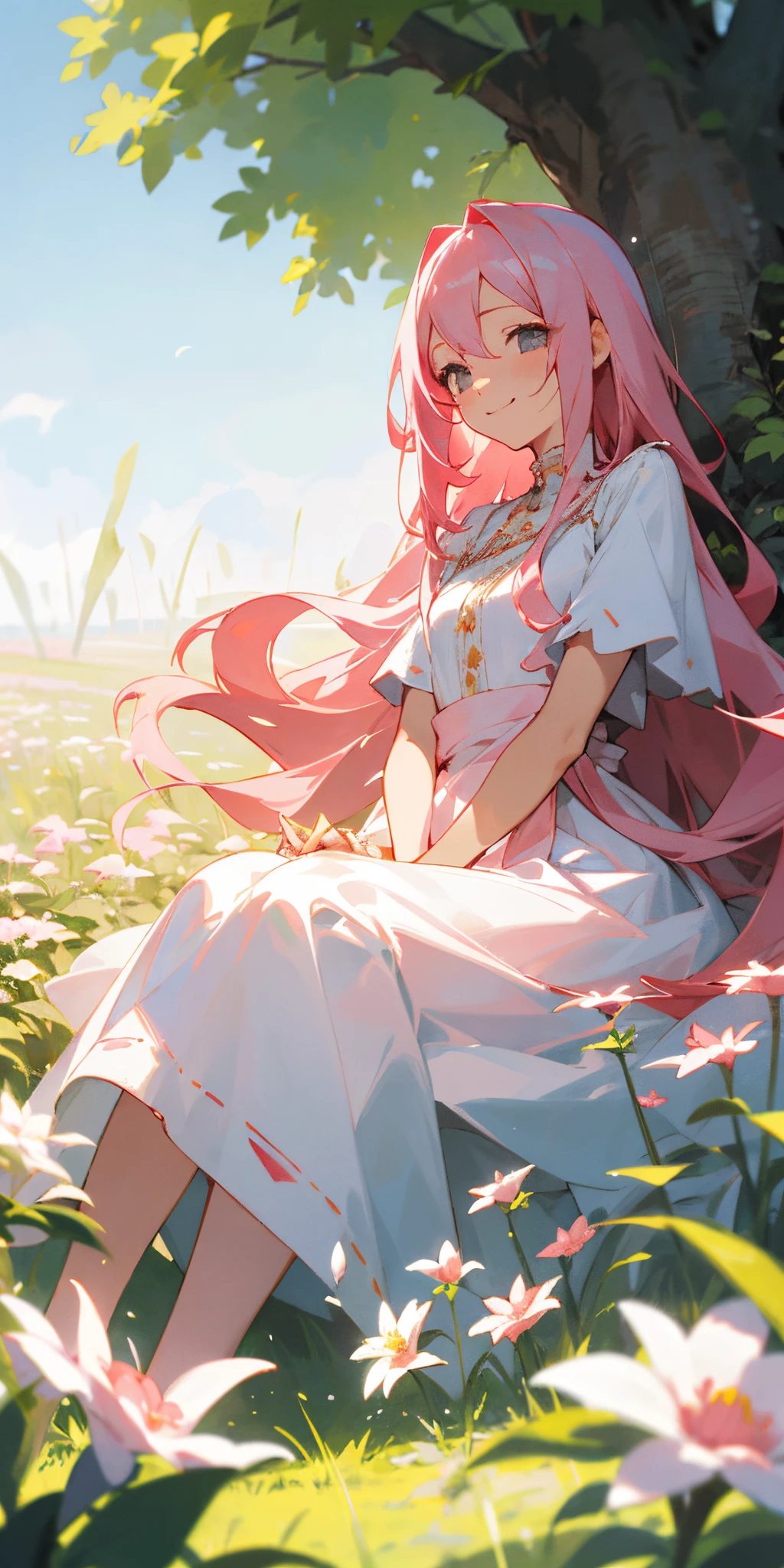 (tmasterpiece,best qualtiy),1 long pink haired girl sitting in a field of greenery and flowers,Her hands on her waist,charming smile,warmly lit,white dresses,Blurred foreground