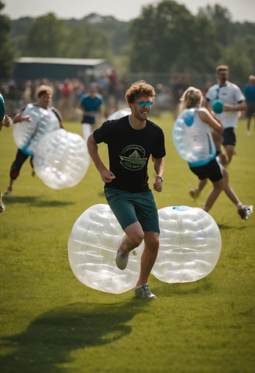 A dynamic shot of Greg leading a group of people in a game of bubble soccer in a grassy field,original,greg is 6 foot, white, short curly brown hair, round glasses, slightly narrow face. 7/10 handsome. Well put together.