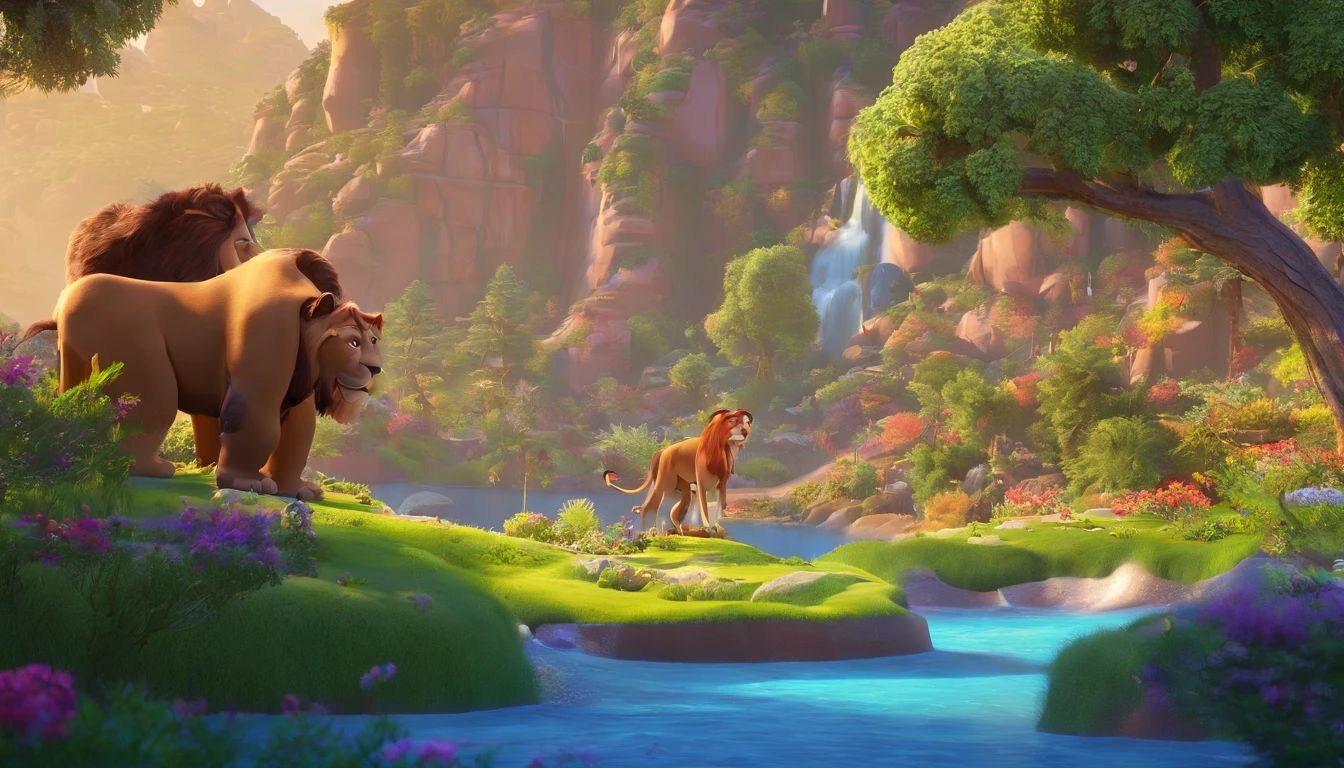 create a 3D Disney Pixar-inspired movie poster, The scene should be in Pixar's signature digital art style, in heaven Jesus is hugging a man with a warm smile a very beautiful place with vibrant tress, awesome looking rivers, animals, lions tigers