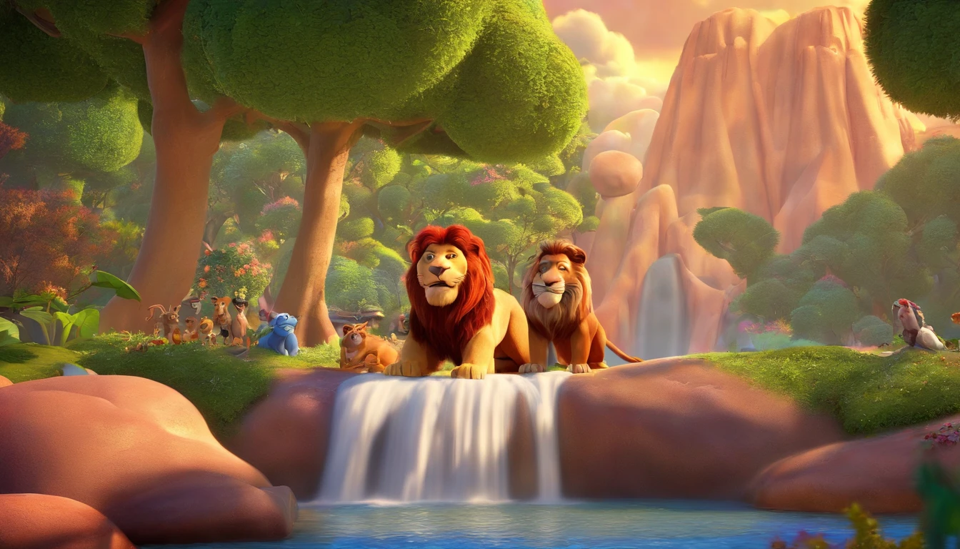 create a 3D Disney Pixar-inspired movie poster, The scene should be in Pixar's signature digital art style, in heaven Jesus is hugging a man with a warm smile a very beautiful place with vibrant tress, awesome looking rivers, animals, lions tigers