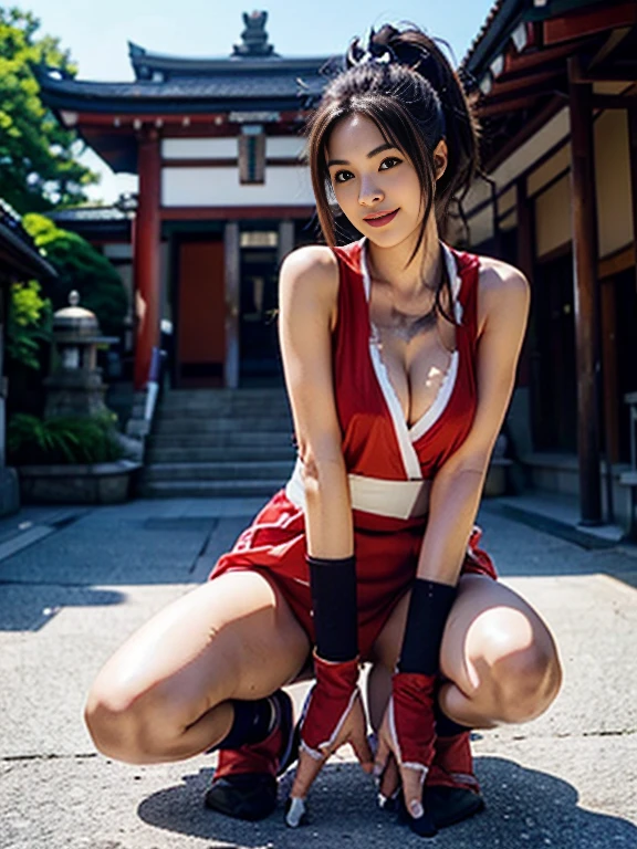 Shiranui mai, Brown eyes, Full body, Long hair, Brown hair, White ribbon, Sleeveless, poneyTail, sash, pelvis curtain, arm guards, mitts, tabi, fascinated expression, Sexy eyes, medium breasts, Smile, Cute, view the viewer, Long hair, Close to Japan temple, (breasts focus:1.2), (Realistic:1.2), (Full Shot: 1.2), (Realism), (masutepiece:1.2), (Best Quality), (ultra-detailliert), (8K, 4K, Convoluted), (85 mm), light Particle, Lighting, (Highly detailed:1.2), (Detailed face:1.2), (gradients), SFV, Colorful, (Detailed eyes:1.2), (Detailed temples of Japan: 1.2),(Detailed background), (Dynamic Angle:1.2), (Dynamic Pose:1.2), (Line of action:1.2), Wide Shot, Daylight, Solo, tabi, Black Tabi Socks.