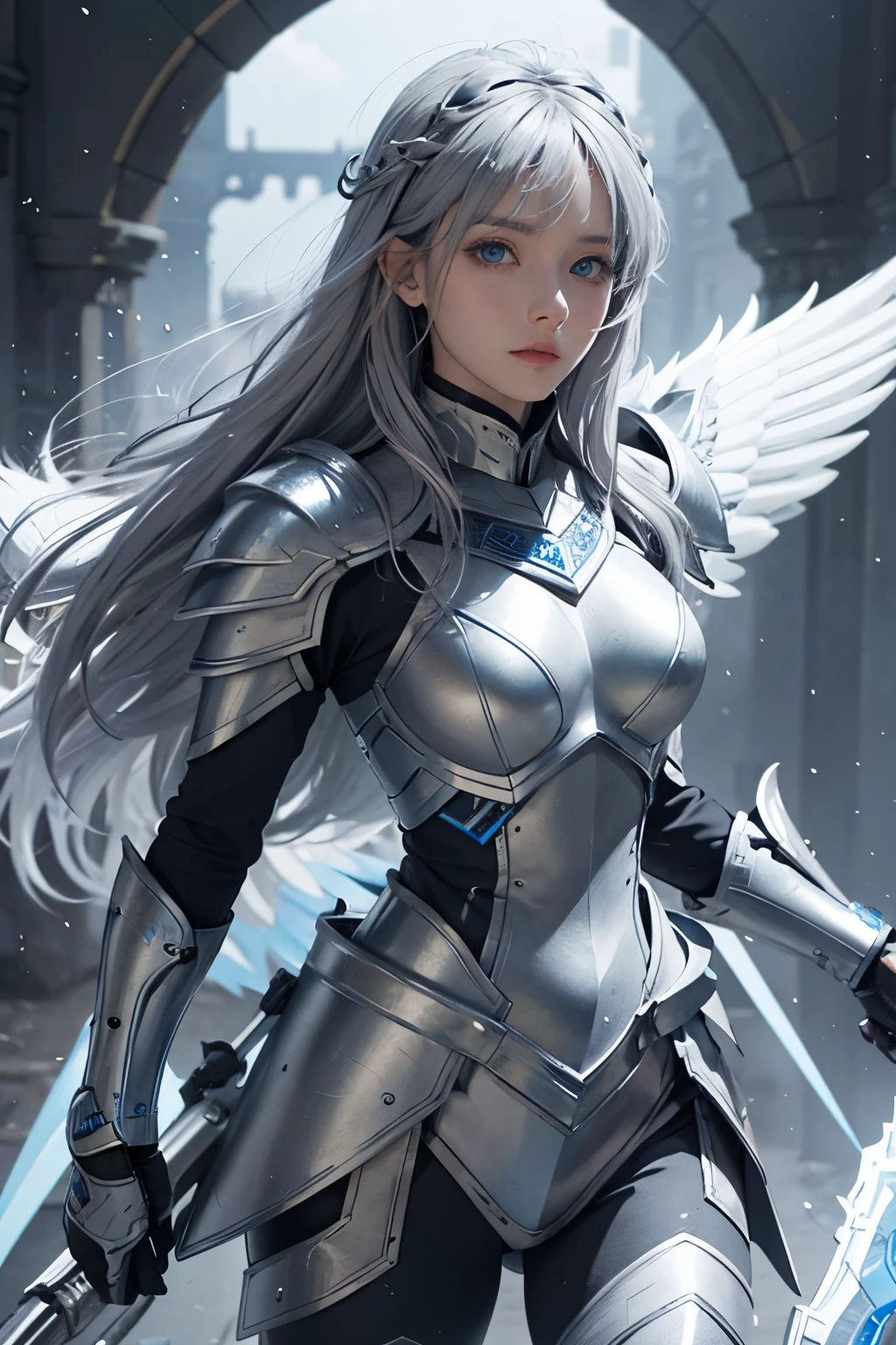 Guardian on heaven,blue eye,grey hair,grey wing,white and blue armor