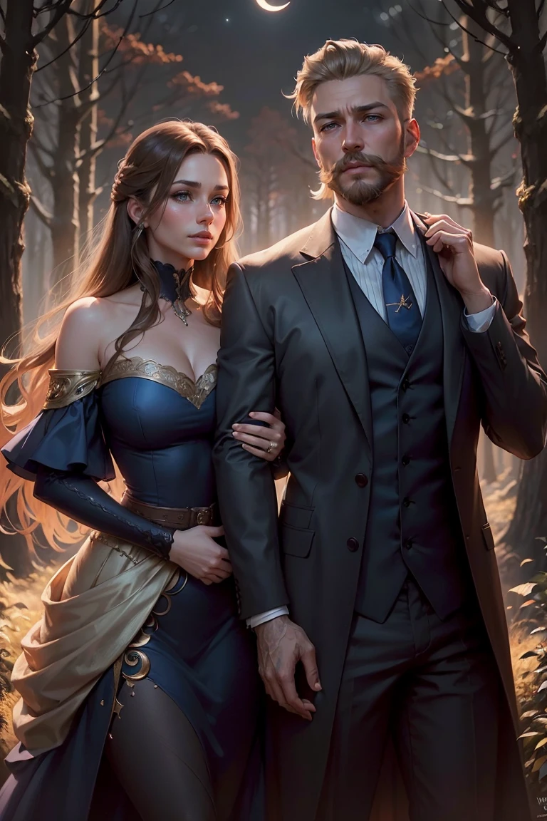 ((A couple in love)), ((woman with brown hair wearing a blue gown)), standing with ((a masculine man with short blonde hair and a full blonde beard with mustache, in a grey suit)) hair with many details, 8k artgerm bokeh, fanart best artstation, render photorealistic, guweiz-style art, inspired by WLOP, ig model | artgerm, detailed waist up portrait, stunning wait up portrait of realistic face, beautiful waist up portrait, deviantart artstation cgscosiety, cinematic realistic portrait, high quality portrait, elegant digital painting, photorealistic artstyle, ((night sky in the woods with crescent moon background))