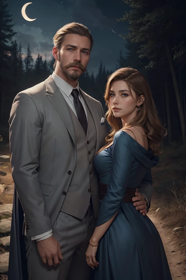 ((A couple in love)), ((woman with brown hair wearing a blue gown)), standing with ((a masculine man with short blonde hair and a full blonde beard with mustache, in a grey suit)) hair with many details, 8k artgerm bokeh, fanart best artstation, render photorealistic, guweiz-style art, inspired by WLOP, ig model | artgerm, detailed waist up portrait, stunning wait up portrait of realistic face, beautiful waist up portrait, deviantart artstation cgscosiety, cinematic realistic portrait, high quality portrait, elegant digital painting, photorealistic artstyle, ((night sky in the woods with crescent moon background))