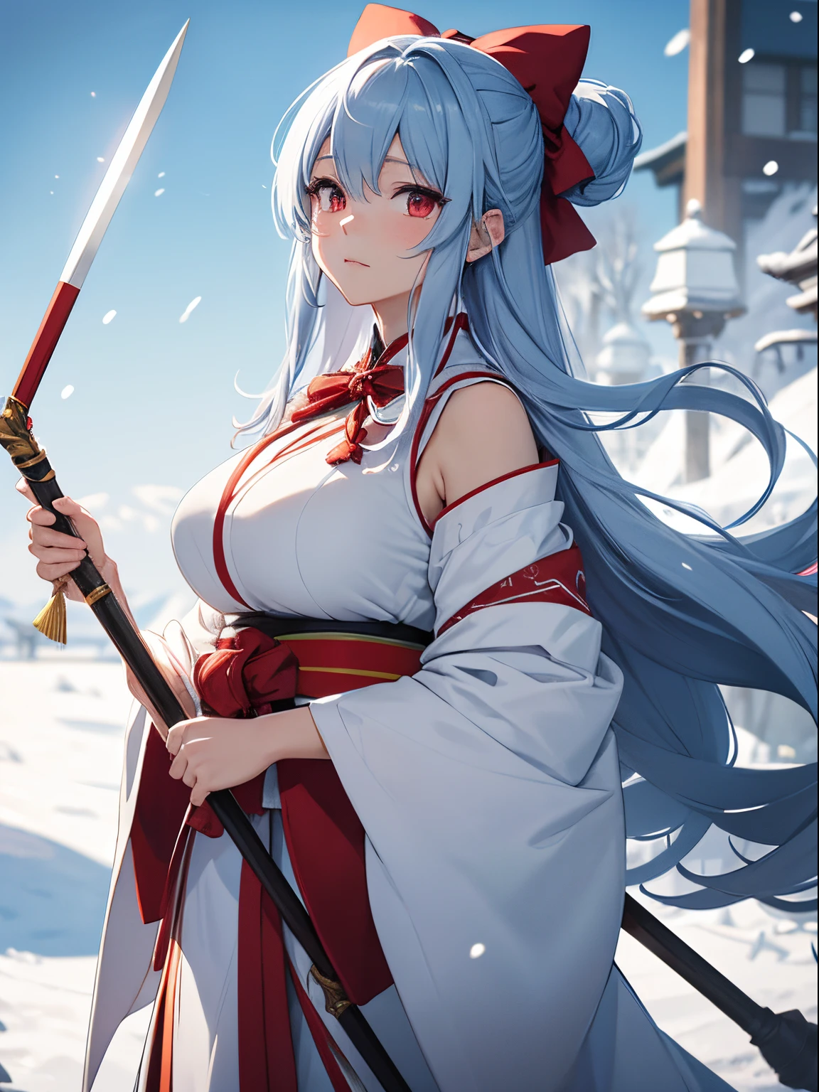 snow woman、Japan female in her 20s、komono、long hem、lightblue hair、Long sideburns、hair up to the neck、bouncy back hair、red eyes、Red band（Bow knot at the back）、Abundant udder、You can see the chest、Weapon is a spear、Crouch down with a sad expression、Snowstorm and snowflakes on the background