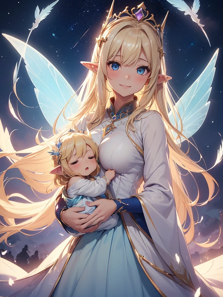 top-quality、Top image quality、masterpiece、girl with((20yr old、Best Bust、big bast、Bust 90,Beautiful blue eyes、,Blonde long hair、A slender、Fairy feathers、flying though the air、a closeup、Esbian、Floating in the light、beautiful tiara、hiquality、Beautiful Art、Background with((starrysky)))masutepiece、visualart、depth of fields、sky at night、Mother and 、 holding a childther'arm of、the child is sng、low angles、、Elven ears、Feathers glow in iridescent colors、light magic、kosmos、mid night、harp melody🎵、Fun Concerts、Happy smile、Gentle light、Emitting a magical light、Beautiful skins、beutiful breast、beautiful skirt、accurate fingers、Exact finger count、Beautiful flower garden.nffsw、Deities々Right