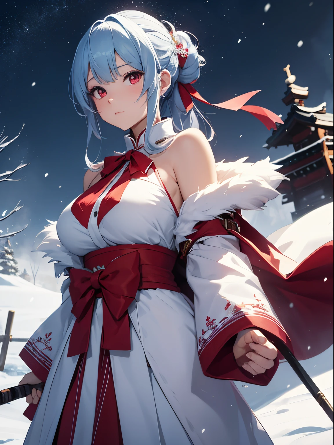 snow woman、Japan female in her 20s、komono、long hem、lightblue hair、Long sideburns、hair up to the neck、bouncy back hair、red eyes、Red band(Bow knot at the back)、Abundant udder、You can see the chest、Weapon is a spear、Crouch down with a sad expression、Snowstorm and snowflakes on the background