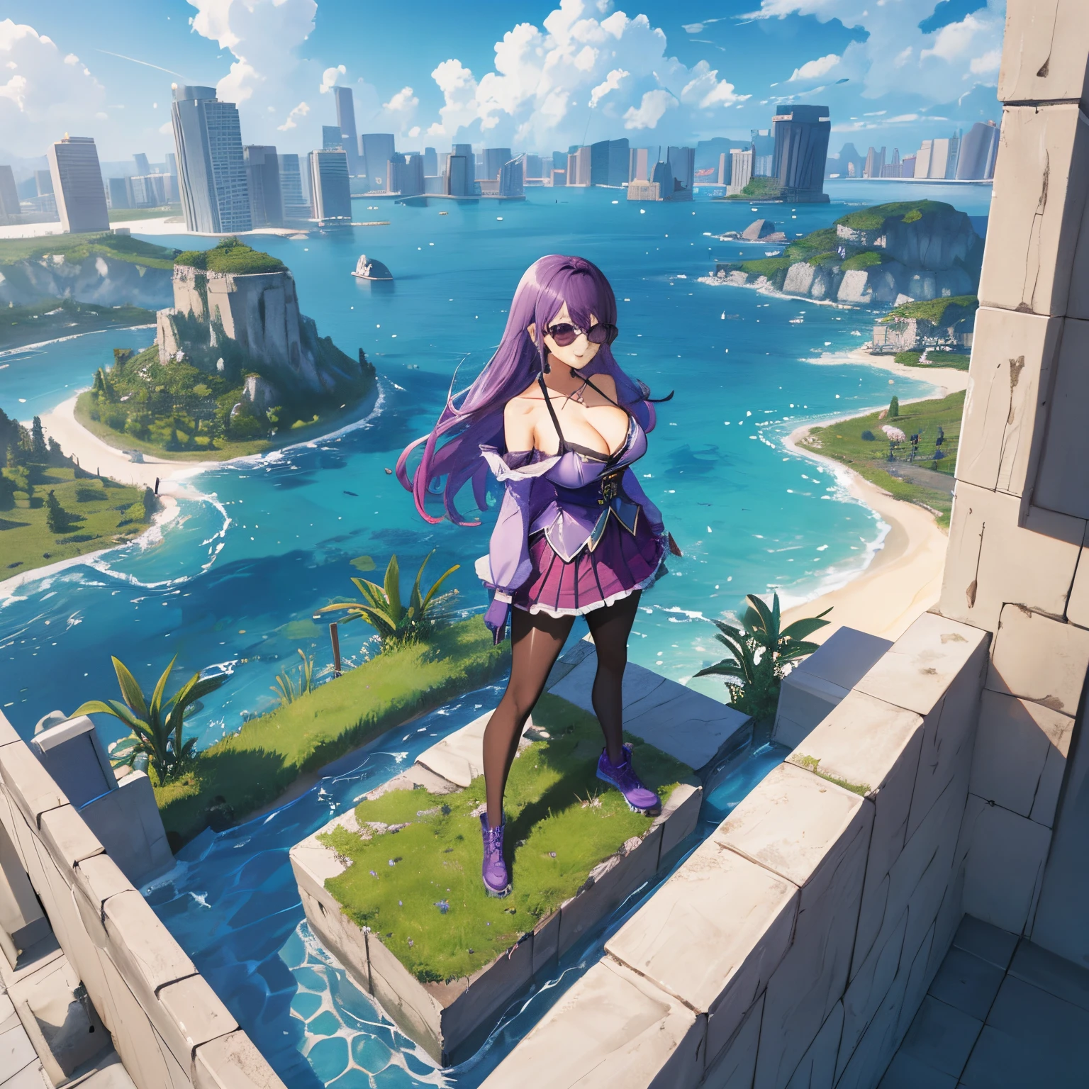 巨作, Best Quality,CFCs, 1girl, explosions, only_shoulders, skirt, breasts, gloves, jewelry, Large_breasts, tall_hair, tall_sleeves, pantyhose, purple_Eyes, purple_hair, shirt, 独奏,viewer,sunglasses,bikini, (sun, cloud,Renaissance City about water,outdoors :1.1),Presented in a blender((isometric)),