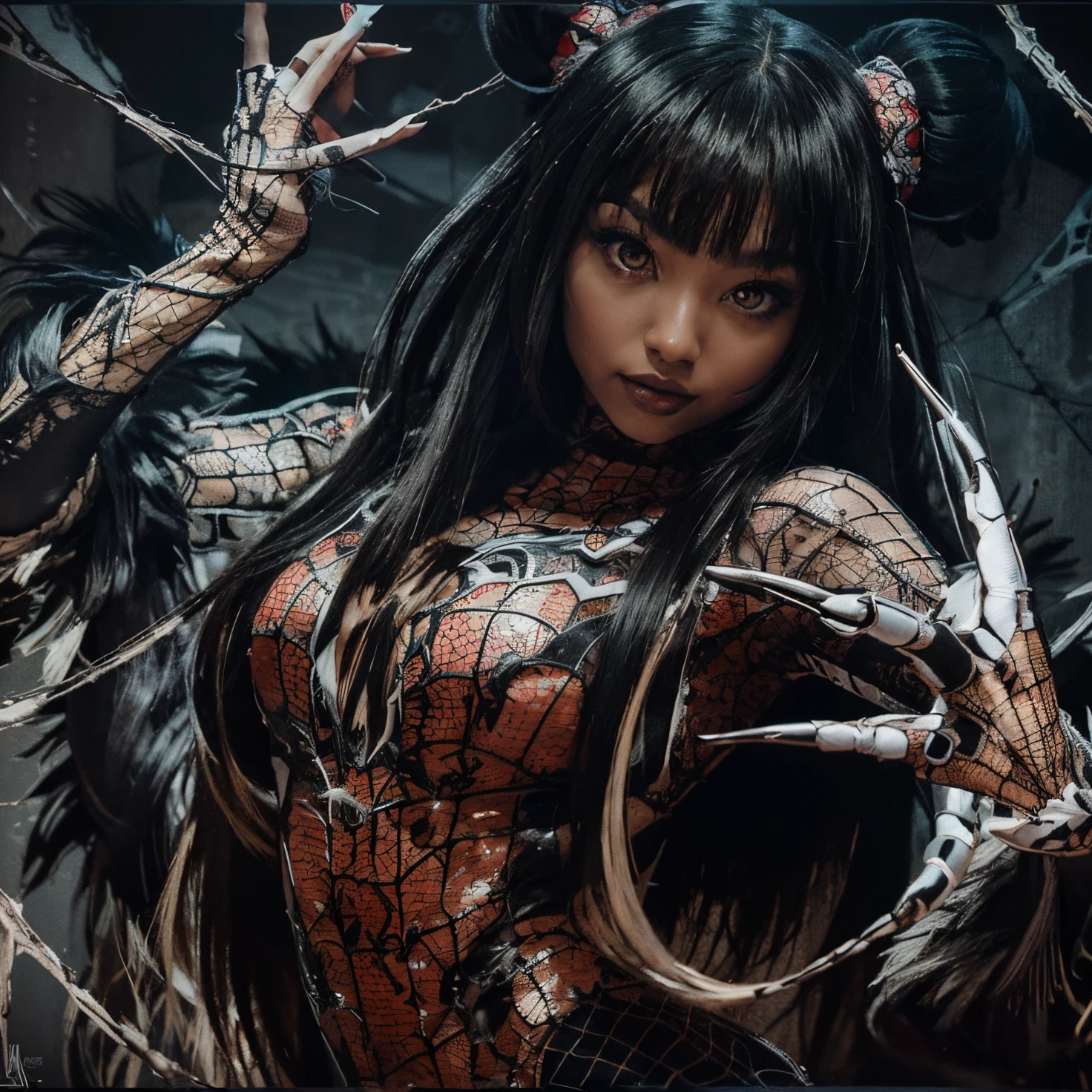 Foto da cintura, altamente detalhada, of a black girl with a calm and gentle expression, vestindo uma roupa preta e branca, stylized as spider web patterns, decote, (homem aranha venom) , in a dark and dynamic anime style background with contrasting colors sharp lighting