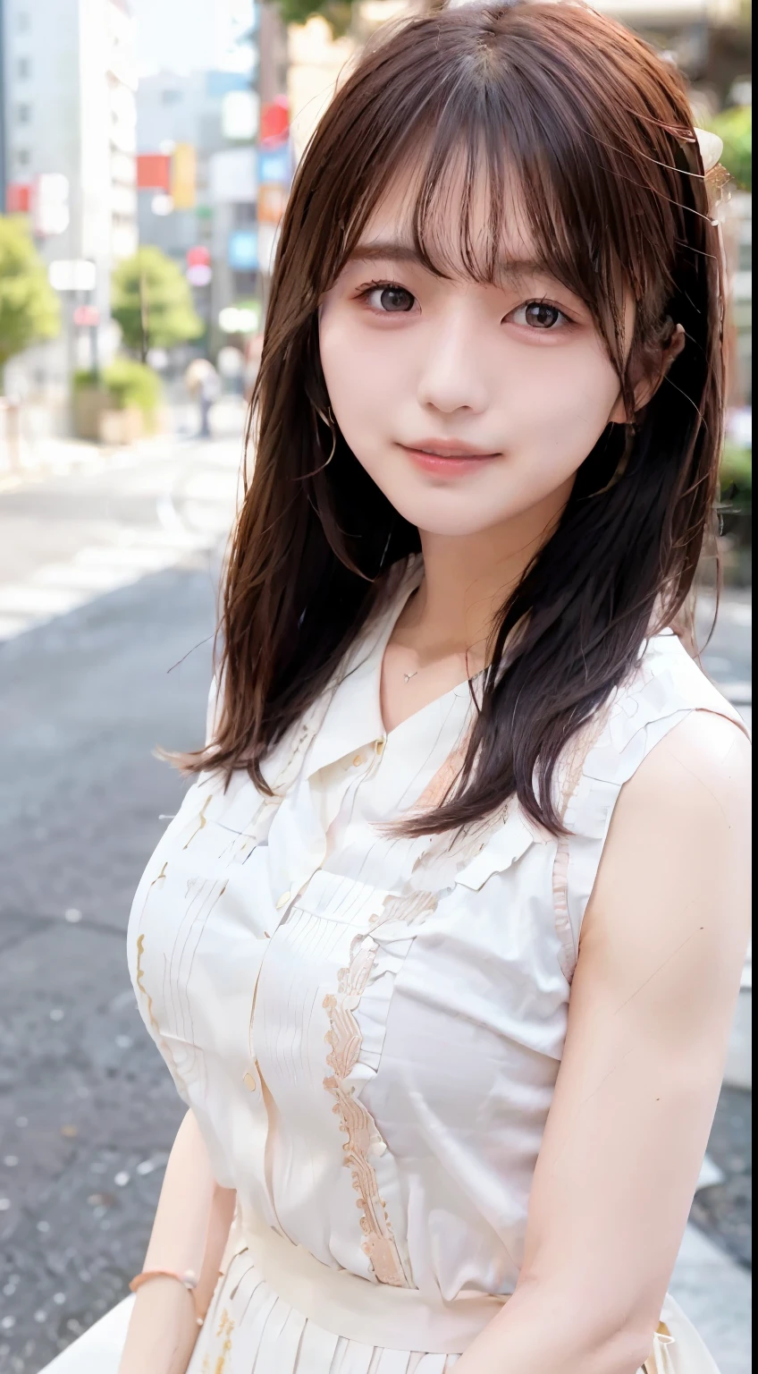 (Skin blemishes:1.2)、(dent in the skin)、Black eye、Female 1 Person、18 years old、(((femele)))、独奏、realisitic、top-quality、Photorealsitic、masterpiece、8K、hight resolution、独奏、extra detailed face、(Pro lighting、bokeh dof)、(Particles of light、lensflare、Luminous particles:0.6)、(dynamicposes:1.2)、Soft lighting、Fashionable and trendy atmosphere、jpn、Street、TOKYOcty、城市、((during daytime)) 、天空、((Viewer's Perspective:1))、(Looking at the camera)、(portlate:0.6)、((fully body photo))、a gorgeous、Standing、Maintains original facial proportions、broad shoulder、full body Esbian、(large round chest)、 (Medium Hair)、Brown hair、Floating hair、s lips、lipsticks、seducting smile、Floating hair、(sleeveless lace blouse)、(jumper skirt)、Lashes、Mole、(Mole under the eyes:1) 、