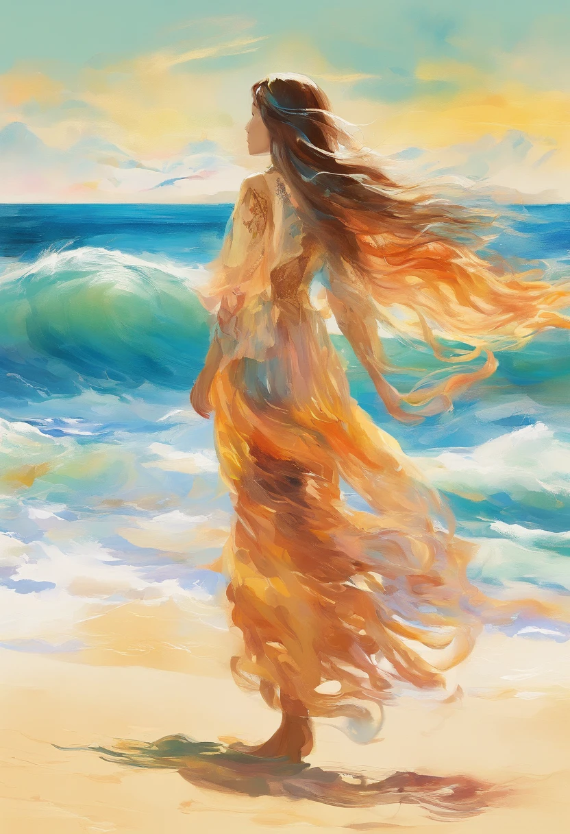 A stunning oil painting of a pretty lady in a flowing blue dress, standing on a cliff overlooking the ocean, her dress billowing in the wind, as the sun sets in a fiery blaze, casting a warm, golden glow on her and the surrounding landscape