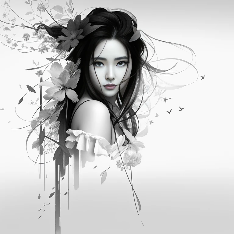 imagem arafada de uma mulher com cabelo preto e branco, a beautiful artwork illustration, Arte bonita UHD 4K, linda arte digital linda, exquisite digital illustration, arte em preto e branco, Artistic illustration, bela arte digital, Arte de Alessandro Pautasso, lindo arte digital, retrato bonito expressivo, Directed by: Shen Zhou, stunning digital illustration