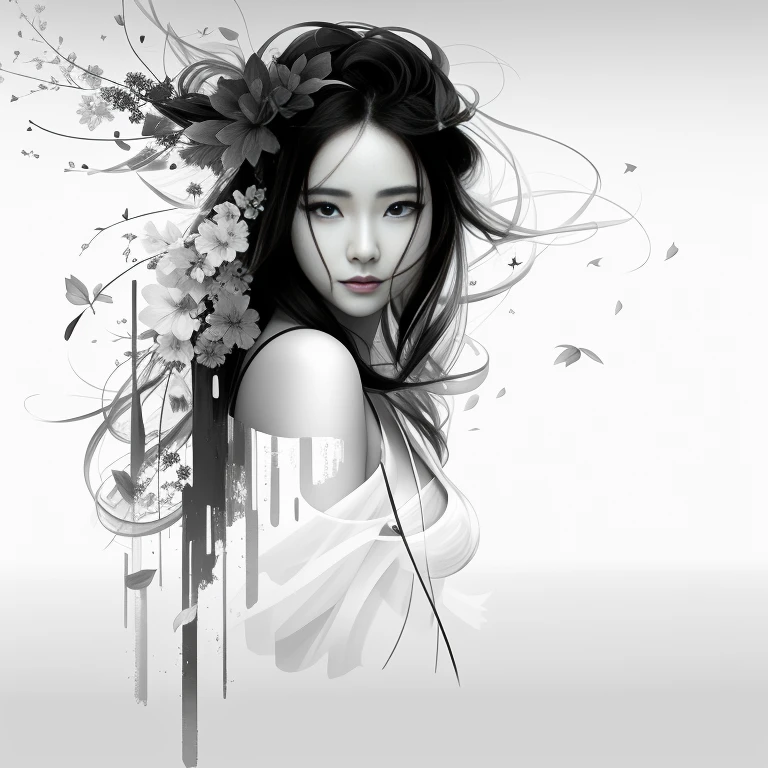 imagem arafada de uma mulher com cabelo preto e branco, a beautiful artwork illustration, Arte bonita UHD 4K, linda arte digital linda, exquisite digital illustration, arte em preto e branco, Artistic illustration, bela arte digital, Arte de Alessandro Pautasso, lindo arte digital, retrato bonito expressivo, Directed by: Shen Zhou, stunning digital illustration