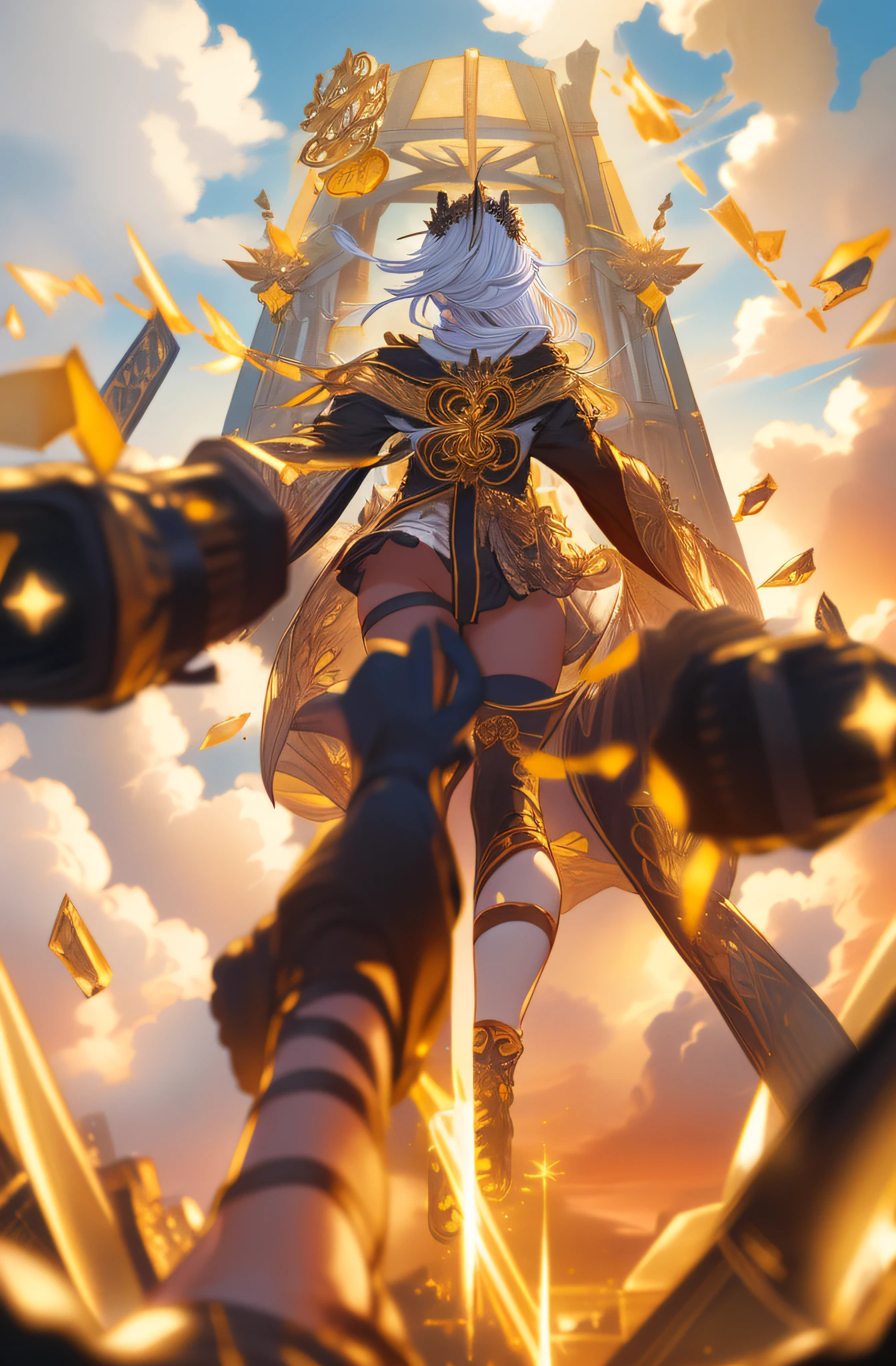 (looking at pov) highly detailed face, realistic face, golden katana, (oversized clothes:1.2), miniskirt, (dark coat with ornate golden embroidery, golden embellished), (white hair, golden streaks on hair), yellow eyes, thigh strap, (neo city), (clouds), add_detail:1, hair over one eye, largest_breasts!!, (ultra-detailed), hyper details, (intricate details), (cinematic light, best quality Backlights), from pov, perfect body, ), (crown: 1.1), Proud, high contrast, (best illumination, an extremely calm and beautiful),, brown skin, Daylight, 1girl, gold skin, jujutsu kaisen style, (masterpiece), best quality