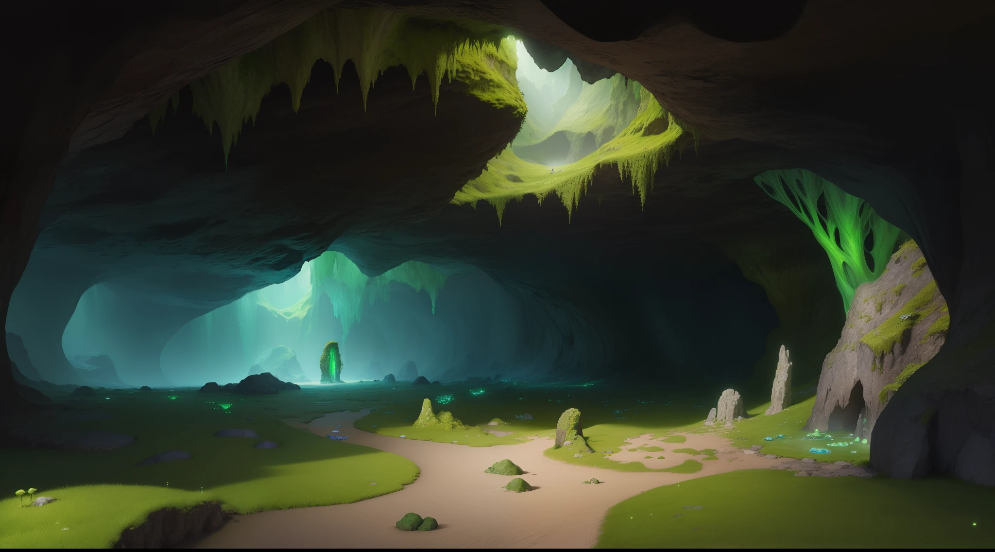 underground cavern with green crystals, fantasy