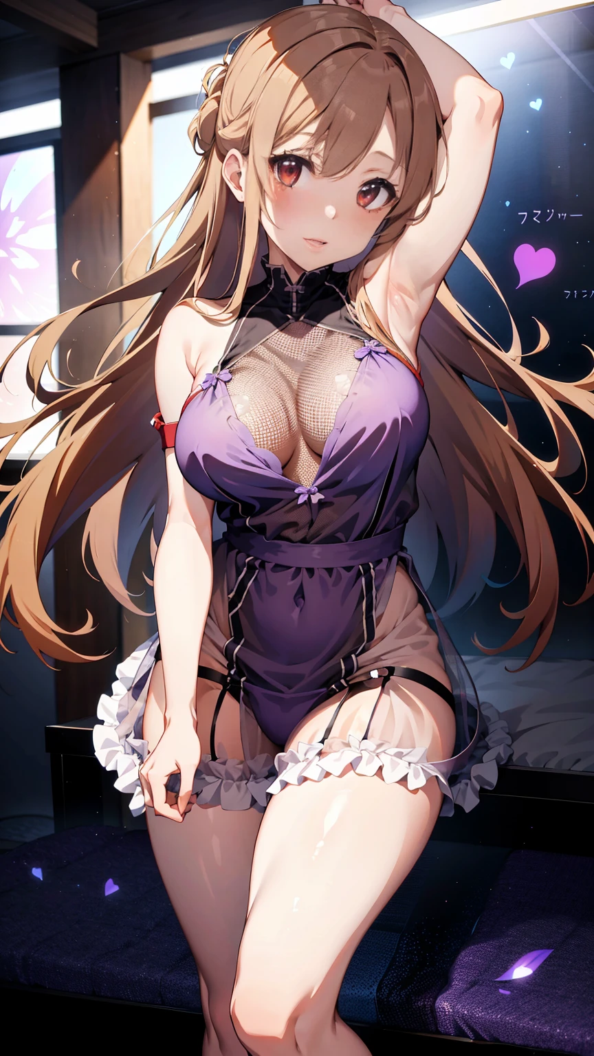 nsfw, mini pantie, (ultra detailed light-purple skirttype negligee:1.2, mesh:1.3), 8K, masterpiece, Top Quality, anime, (ahegao:1.2, ultra detailed estrus Asuna:1.3, long brown hair, huge tits:1.2), open stance from below POV:1.2), cowboy shot, in heat, spoken-heart, brightly lighting bed), perfect anatomy:1.5, asuna yuuki, breakdomain
