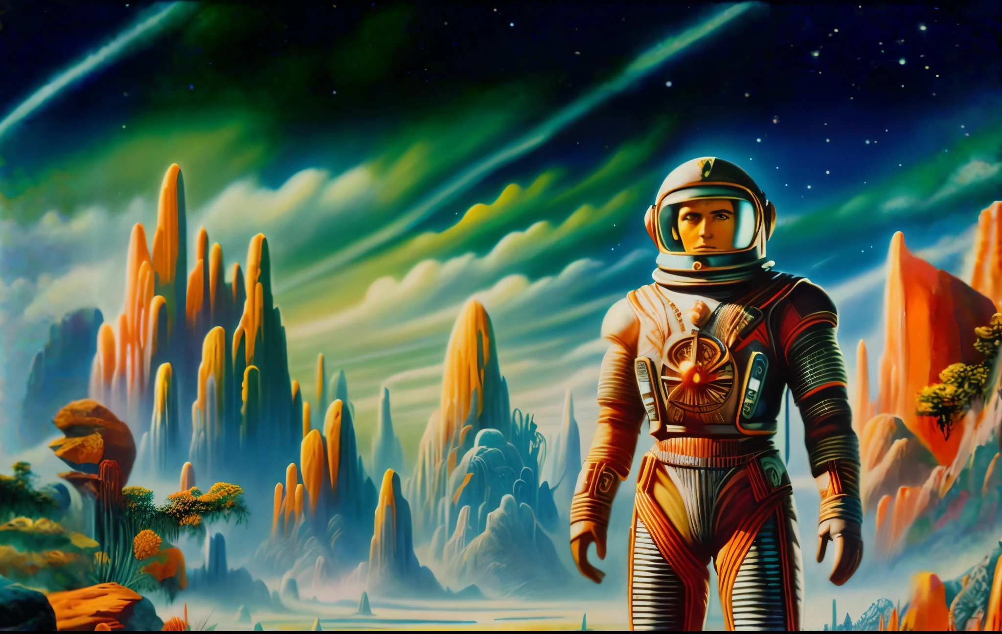 painting of a man in a space suit standing in a desert, retro sci - fi art, 70s retro scifi art, 7 0 s sci - fi art, vintage sci - fi art, style of jim burns, 7 0 s science fiction art, retrofuturistic science fantasy, retro 1 9 6 0 s sci - fi art, vintage sci fi