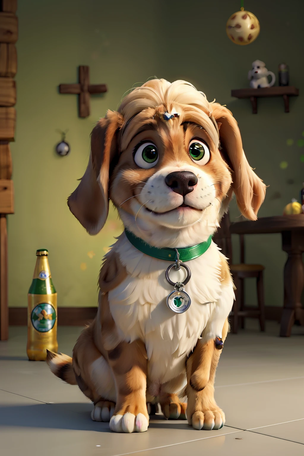 A Saint Bernard dog with a long blonde wig with a beer, wings on your back and a halo on your head seeing a kitten with green eyes, bochecas brancas, queixo preto, peito branco, patas brancas como se fossem luvas de barriga pra cima brincando com uma bola de novelo