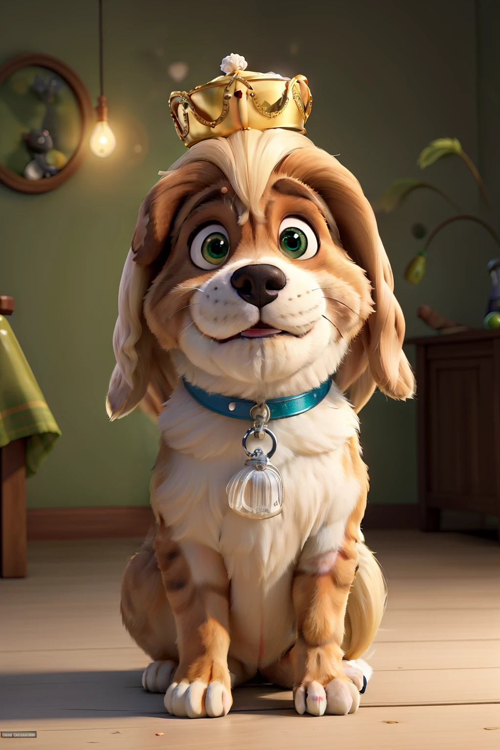 A Saint Bernard dog with a long blonde wig with a beer, wings on your back and a halo on your head seeing a kitten with green eyes, bochecas brancas, queixo preto, peito branco, patas brancas como se fossem luvas de barriga pra cima brincando com uma bola de novelo