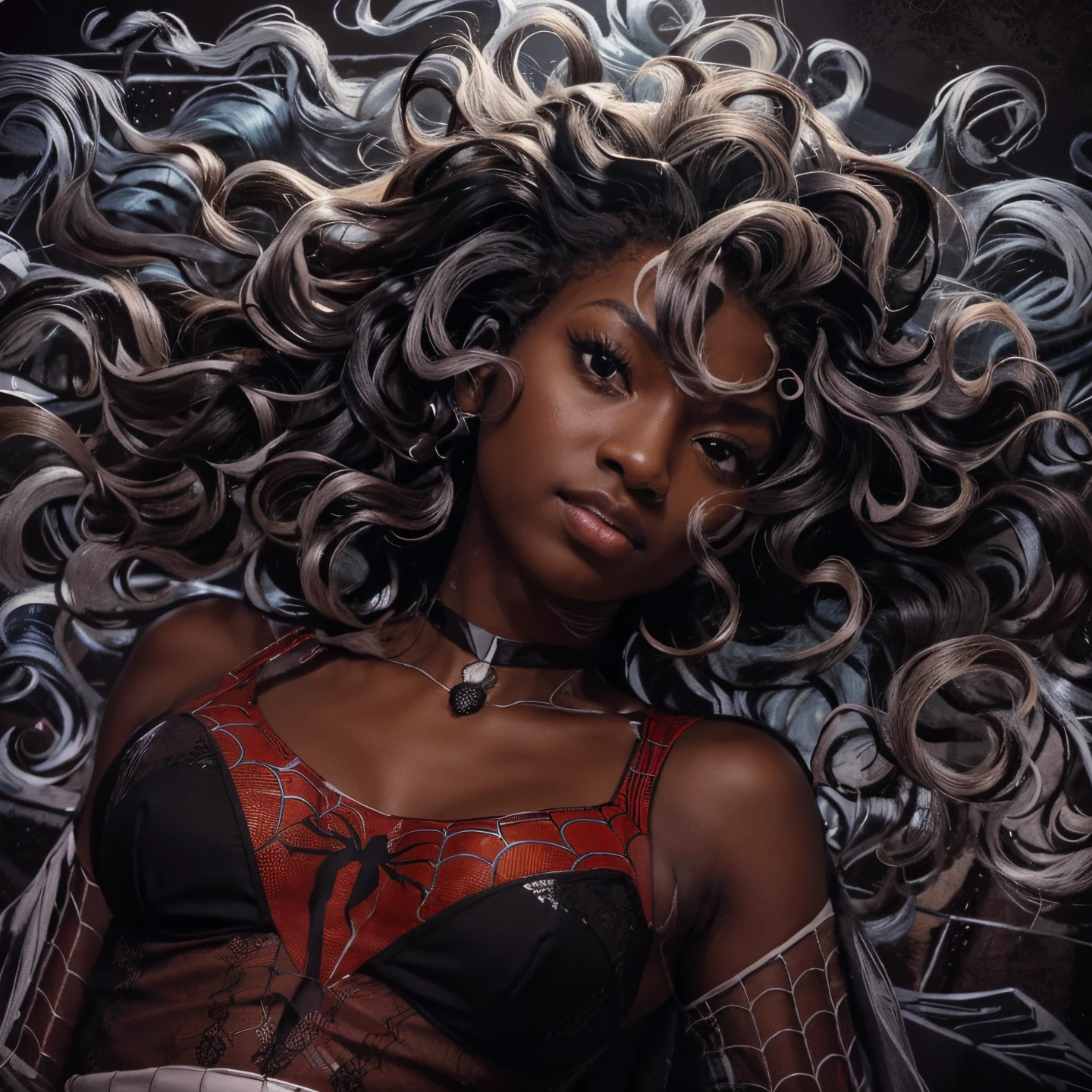 foto da cintura, altamente detalhada, of a black girl with a calm and gentle expression, usa uma roupa preta e branca, stylized as spider web patterns, decote, (homem aranha veneno) , on a dark, dynamic anime-style background with contrasting colors and sharp lighting