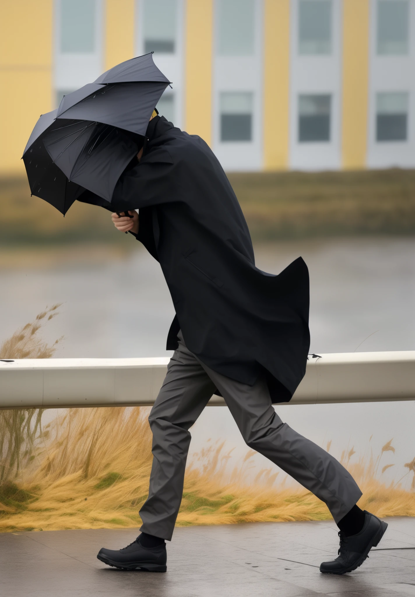 Araf head holding an umbrella while walking in the rain, Wearing a black down jacket,Windy weather, extremely strong wind, cloak flittering in the wind, windy day, It was very windy, It was very windy, Big wind, cold storm, strong winds, windy mood, during a storm, he is struggling, Slightly sunny weather, peak, heavy rain