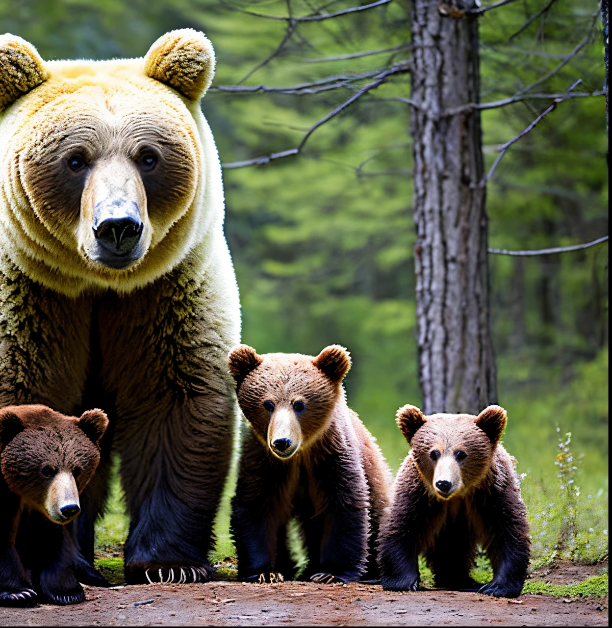 A sad-looking bear and two male and female children in the forest