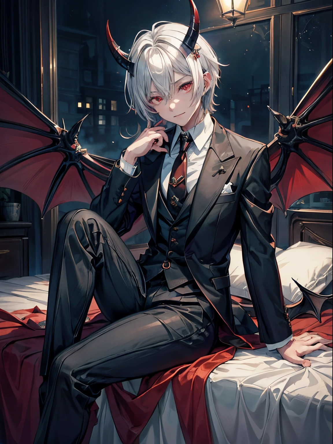 （masutepiece）（high-detail）incubus、male in his 20s、One、Sitting in bed、Black horned、Black bat wings and tail、white  hair、red eyes、double tooth、The suit is about to come off、The tie I took off is falling down.、A seductive smile、open one's legs、slacks、bare-legged、deep in the night、murky、Turn off the light