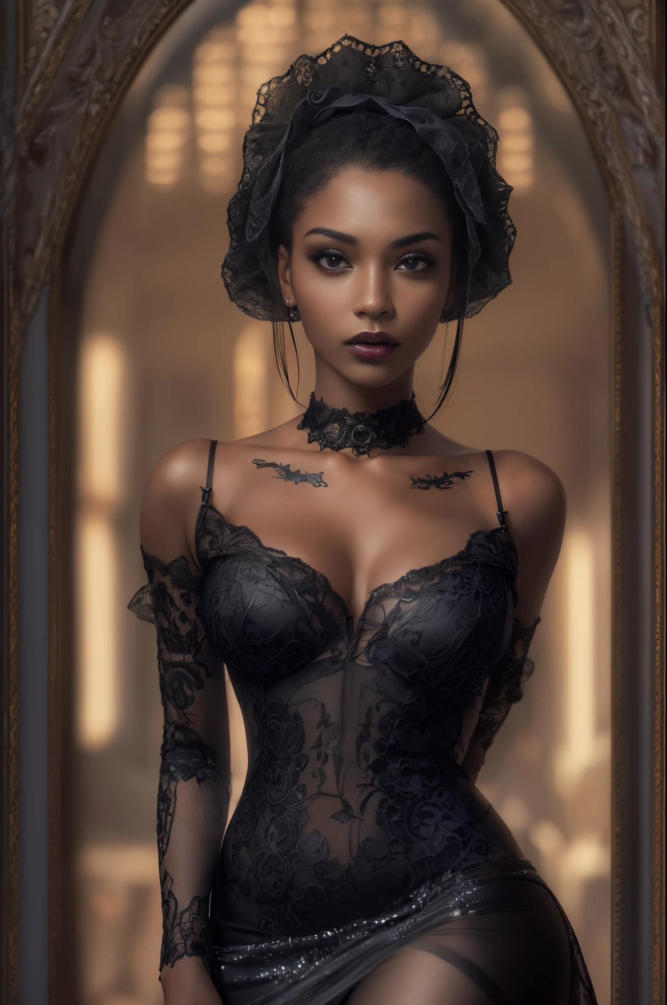 (best quality, 4k, 8k, highres, masterpiece:1.2), ultra-detailed, (realistic,photorealistic,photo-realistic:1.37), gorgeous light skin black woman, seductive gaze, elegant posture, gothic background, sensual beauty, glamorous fashion, black gothic gown, pantyhose, dark colors, moody lighting, full body pose