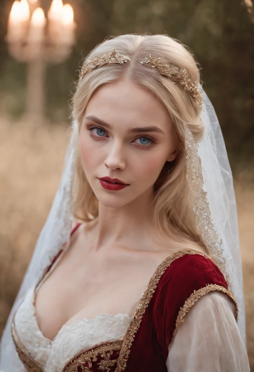 (((There was a deep red gash on her left cheek))) white complexion, Women around 19 years old, Natural blonde, Unique blue eyes, Wear eyeshadow powder, Slim and elegant, The beautiful, Candlelight in a medieval atmosphere, Super sharp focus, Real shooting, Medieval women's clothing, Four colors (scar:1.4)，Slender legs