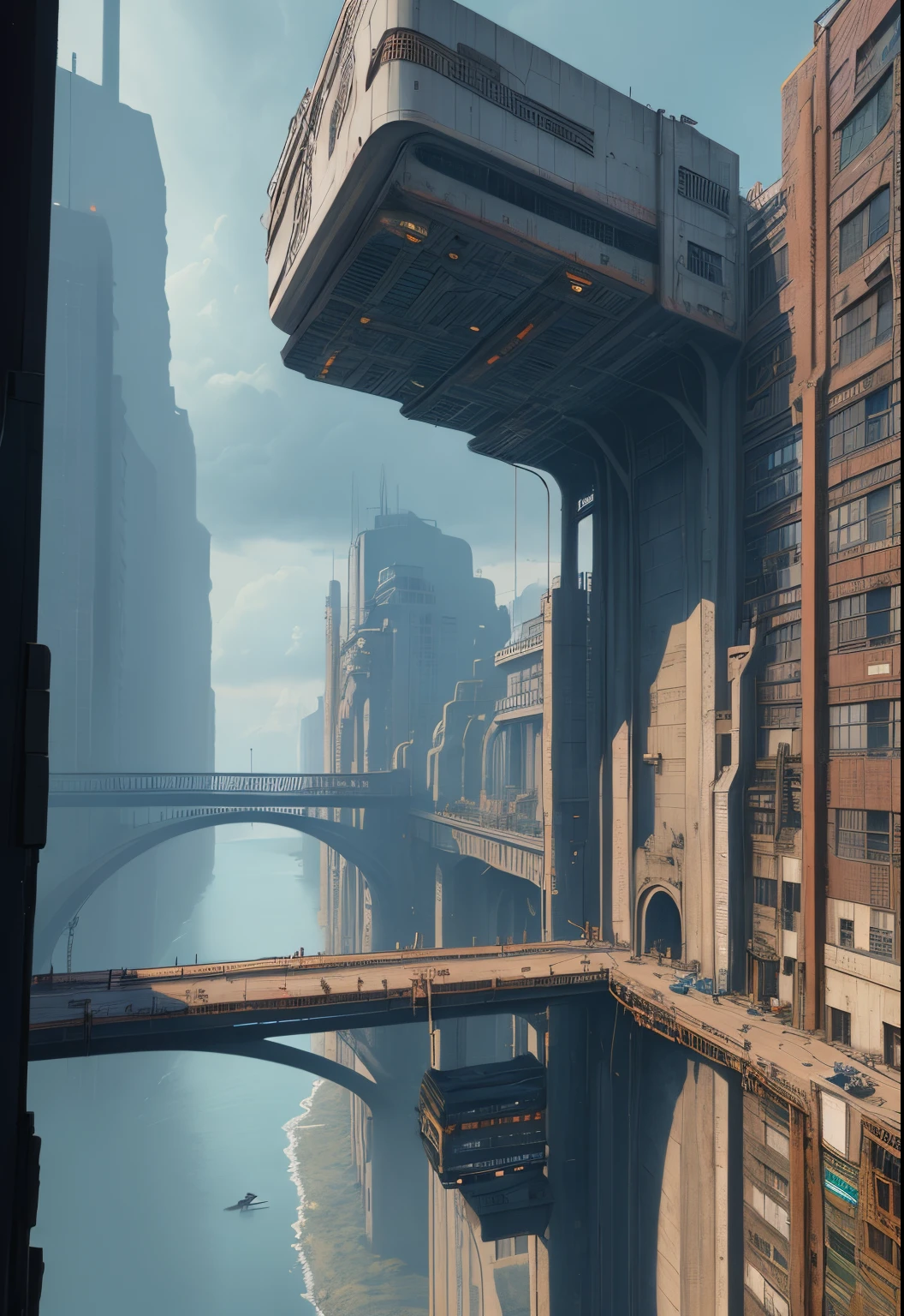 Sci-fi cyberpunk city,Bridges,trains,air vehicle,blasts,combats,overcast day,industrial architecture,tmasterpiece,best qualtiy,high detal,hyper realisitc