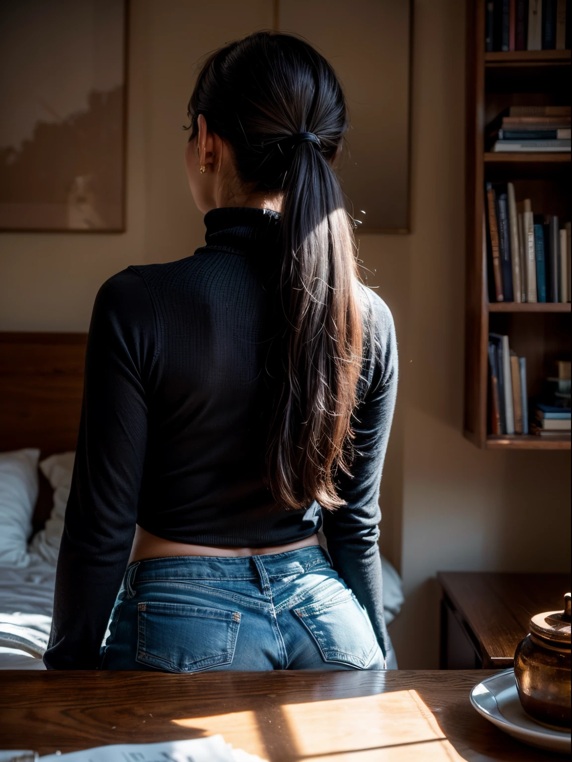 we see a woman from behind, she has long black hair, she's a 29yo yoga instructor, standing about 5ft 5 tall with a red velvet bow in her hair, we clearly see the (red velvet bow:0.5) in her hair , bow is a focus accent, she has a ((black turtle neck:1.0)) on, tucked into her worn blue jeans, and she's wearing modest flat shoes with no socks, she's placing something on a book shelf in her bedroom, the book shelf has small succulents, a fashion book, perfume bottle, and we lovingly watch her and we capture every detail with the highest quality Leica camera we own, it captures every detail and deepens the shadows, she's lovely, a relaxed moment, interior bedroom, realistic photo, (49% of photo is black in drawing:1.4), (red velvet detail:0.9)), (black turtle neck:0.3) , (early sunrise light:1.1), (Rembrandt lighting:0.9) ,(relaxed intimate photoshoot), cozy relaxed, catching us, beautiful hands, gorgeous soft warm lighting:1.4, ((high contrast)), (deep, darkest shadows), (shadow details:1.0), ((taken using Leica camera, aperture: f/2.3)) , hyper-realistic skin, pores, scar, mole, relaxed moment, natural light glow, (romantic light:1.2), radiant skin, perfect relaxed hands, perfect fingers, a work of art, beautiful composition, golden ratio, contrast, inspiring, (highest quality fabric texture), every detail,Fine facial features – (Highest Quality) ,Leica camera film, High quality ○○ detailed – ○○ details ultra detailed(Ultra-fine ), Photorealistic