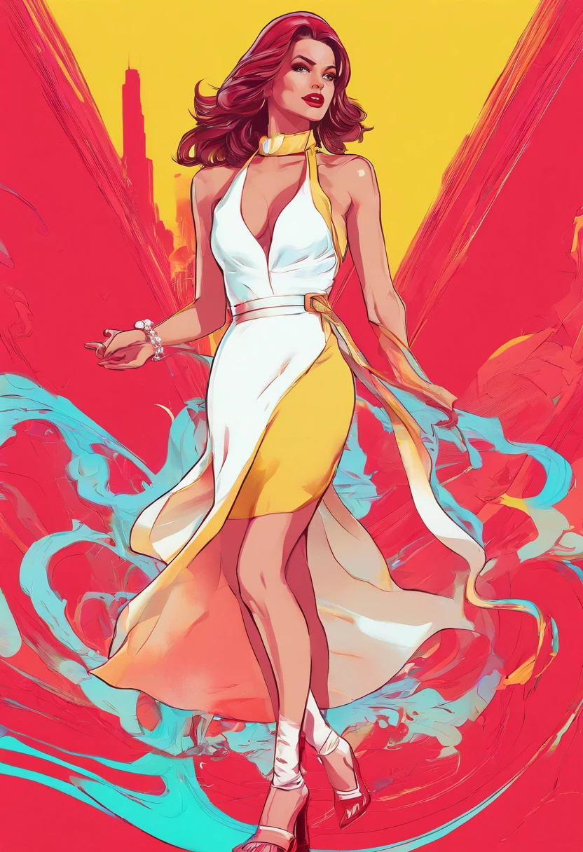 Generate artwork , glassy phenomenon，woman in white dress red dress，Slender legs