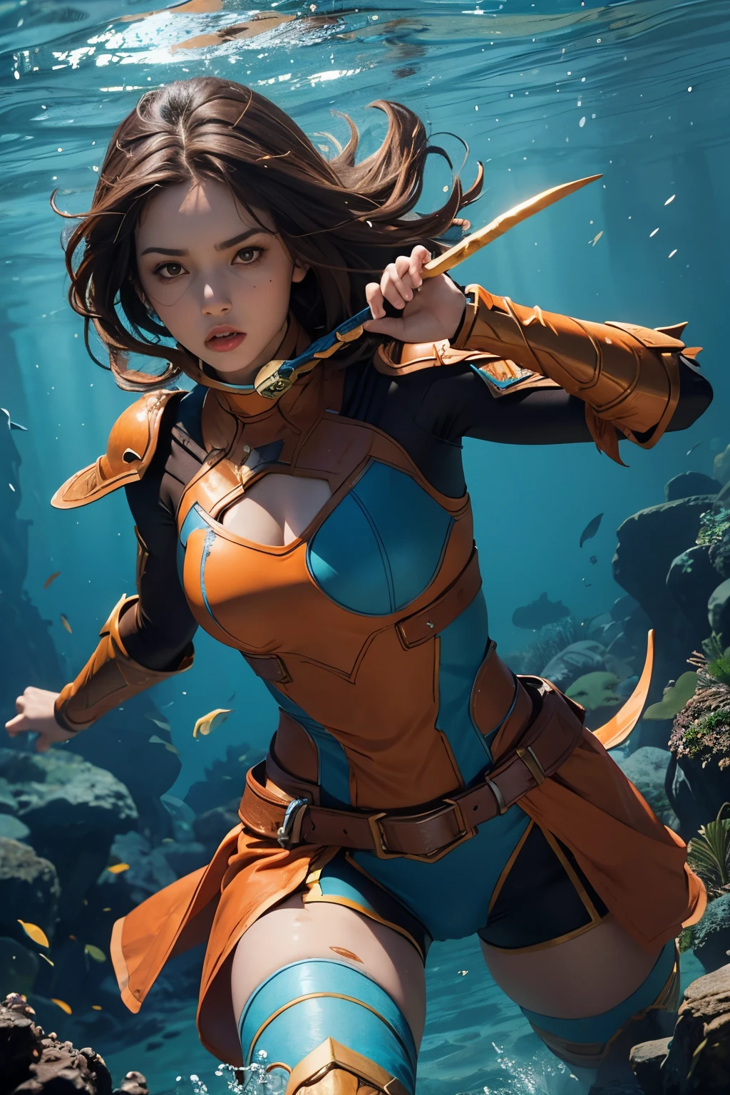 Female warrior underwater,brown hair,brown eye,drak blue costume,orange armor equip trident