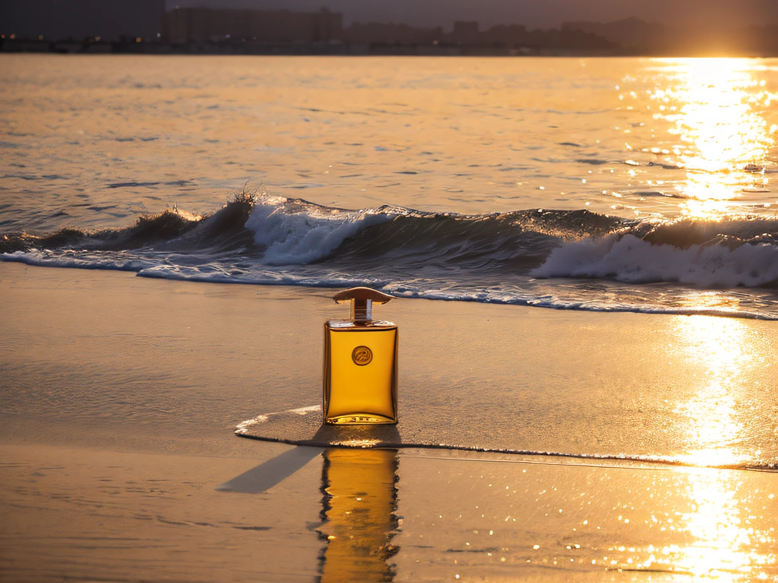 A bottle of perfume floating on the golden sea at sunset