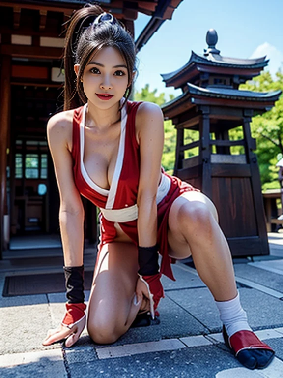 (mai shiranui:1.2), (tabi:1.3), (Full body:1.4), (Toe;1.3), (Realism), (master piece:1.2), (Best Quality), (ultra-detailliert), (8K, 4K, Convoluted), (Flat Lighting:1.2), (skinny), Prestige, Brown eyes, Long hair, brown eyes, long hair, brown hair, white ribbon, sleeveless, ponytail, sash, pelvic curtain, arm guards, gloves, tabi, fascinated expression, Sexy eyes, slim, medium breasts, Smile, Cute, view the viewer, Long hair, Close to Japan temple, (breasts focus:1.2), (Realistic:1.2), light Particle, Lighting, (Highly detailed:1.2), (Detailed face:1.2), (gradients), SFV, Colorful, (Detailed eyes:1.2), Detailed temples of Japan, Detailed background, (Dynamic Angle:1.2), Dynamic Pose, Wide Shot, Daylight, Solo.
