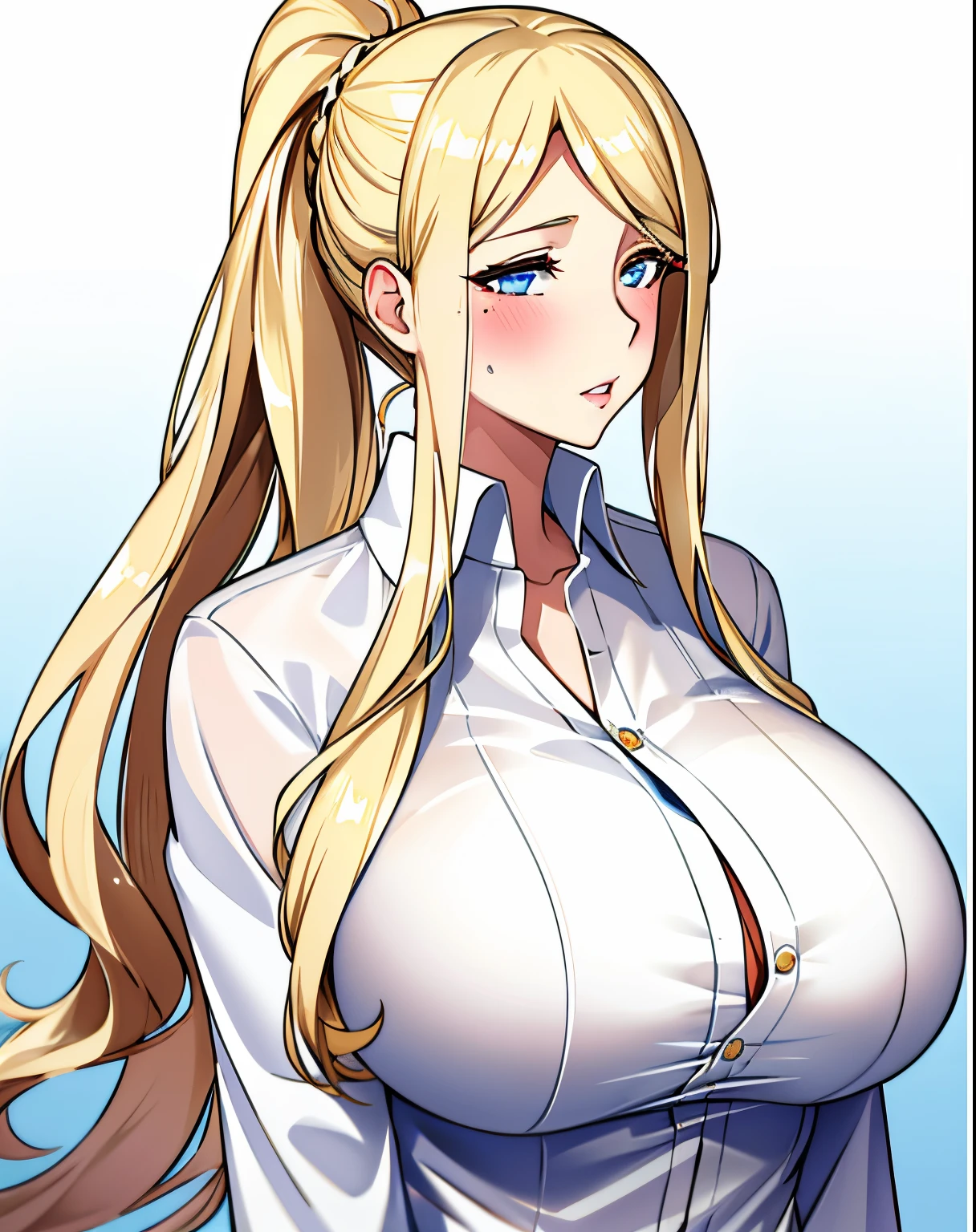 1girl in, Solo, Blonde hair, Shirt, Long hair, richelieu \(kancolle\), White shirt, Bra visible through clothes, Mole under the eyes, Upper body, Underwear, Large breasts, mole under mouth, Ponytail, Blue eyes, blush,Huge breasts,Shiny skin,(maturefemale), kome cola,