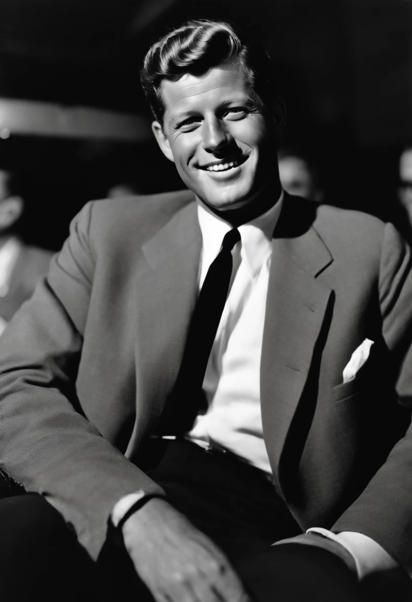 A photo of Kennedy enjoying a night out at a jazz club,original,John F. Kennedy, the 35th President of the United States, was renowned for his handsome, charismatic appearance, with his wavy hair, engaging smile, and a sense of style that exuded confidence and charm. His tailored suits and poised demeanor contributed to a public image of youthful vigor and sophistication.