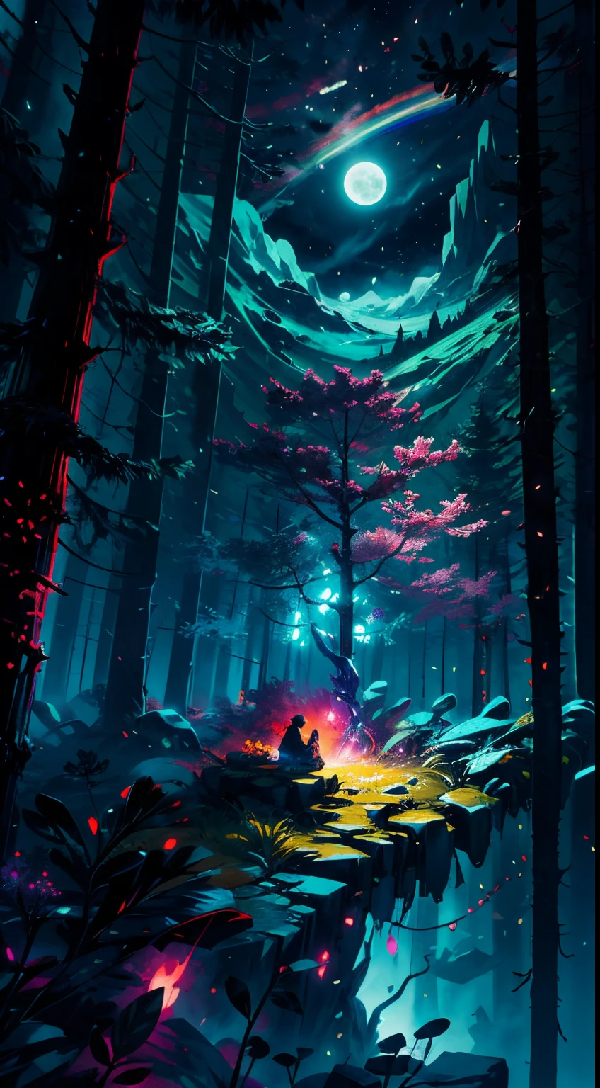 A wide landscape photo, (viewed from below, the sky is above, and the open field is below), an anime girl sitting on colorful flowers field looking up, (full moon: 1.2), (meteor: 0.9), (nebula: 1.3), distant mountains , shooting stars, Trees BREAK Crafting Art, (Warm Light: 1.2), (Firefly: 1.2), Lights, Lots of Purple and Orange, Intricate Details, colorful palette,Volumetric Lighting BREAK (Masterpiece: 1.2), (Best Quality), 4k, Ultra Detailed, (Dynamic Composition: 1.4), Rich in Detail and Color, (Rainbow Color: 1.2), (Glow, Atmospheric Lighting), Dreamy, Magical, (Solo: 1.2),