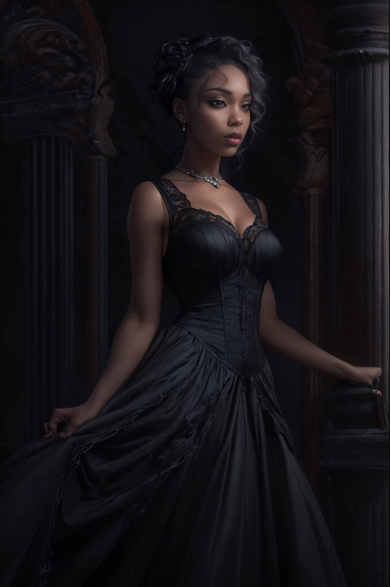 (best quality, 4k, 8k, highres, masterpiece:1.2), ultra-detailed, (realistic,photorealistic,photo-realistic:1.37), gorgeous light skin black woman, vampire, seductive gaze, elegant posture, gothic background, sensual beauty, gothic fashion, black gothic mini gown, pantyhose, dark colors, moody lighting, full body pose