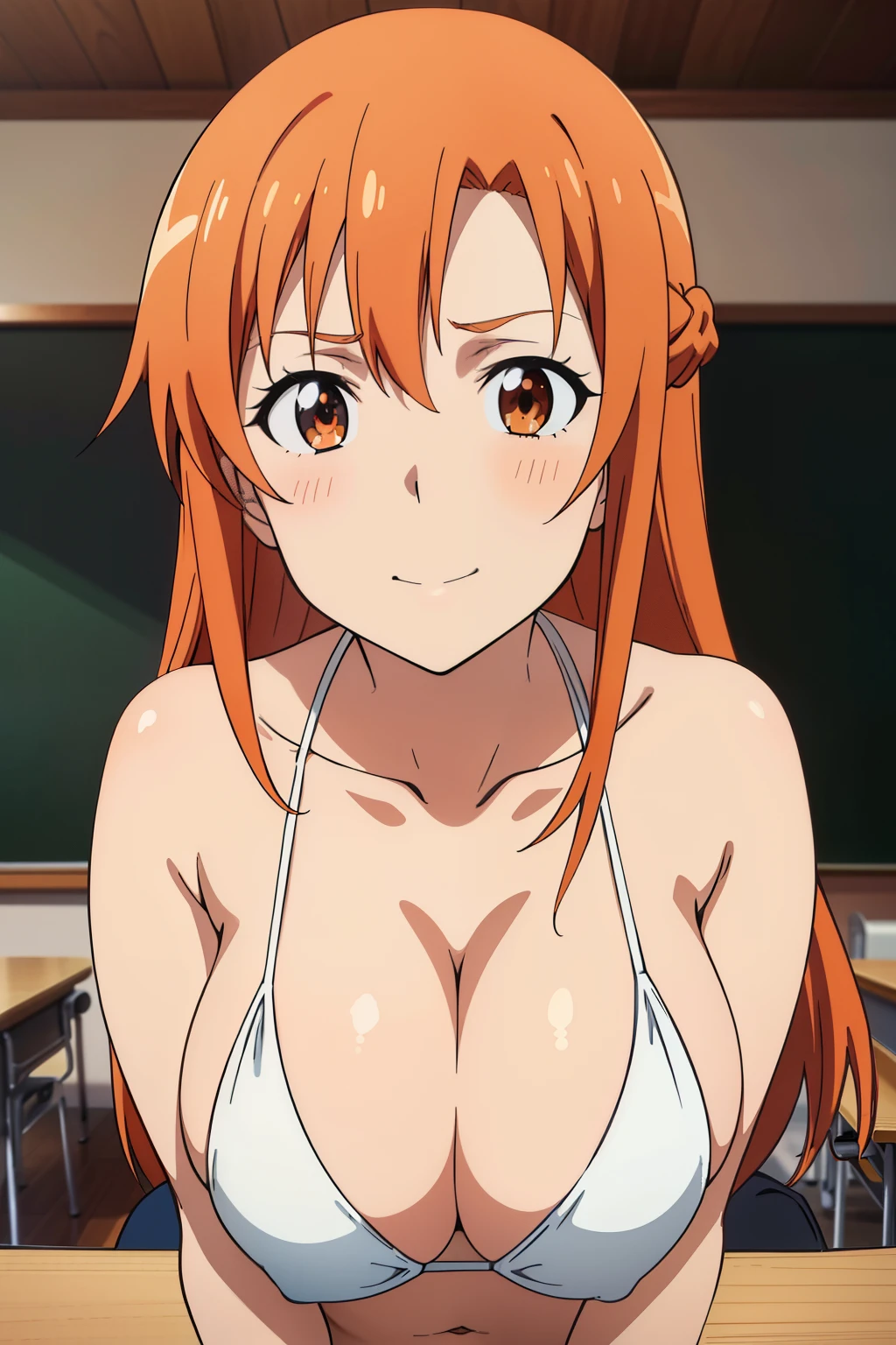 ((masutepiece, Best Quality, High resolution, anime screen cap, anime colours, in 8K, anime keyvisual)):1.5, Asuna, 1girl in, Cute, ssmile, blush, (long orange hair:1.5), 14years, (Oversized large sagging breasts:1.5), cleavage, ((White Micro Bikini:1.5, Thin fabric)), Navel Ejection, Lower your arms, Upper body, Classroom, ((Perfect Anatomy, beautifull detailed face, Beautiful detailed eyes, beautiful detailed hair, Beautiful detailed body)), thick outline, Beautiful outlines, black outlines