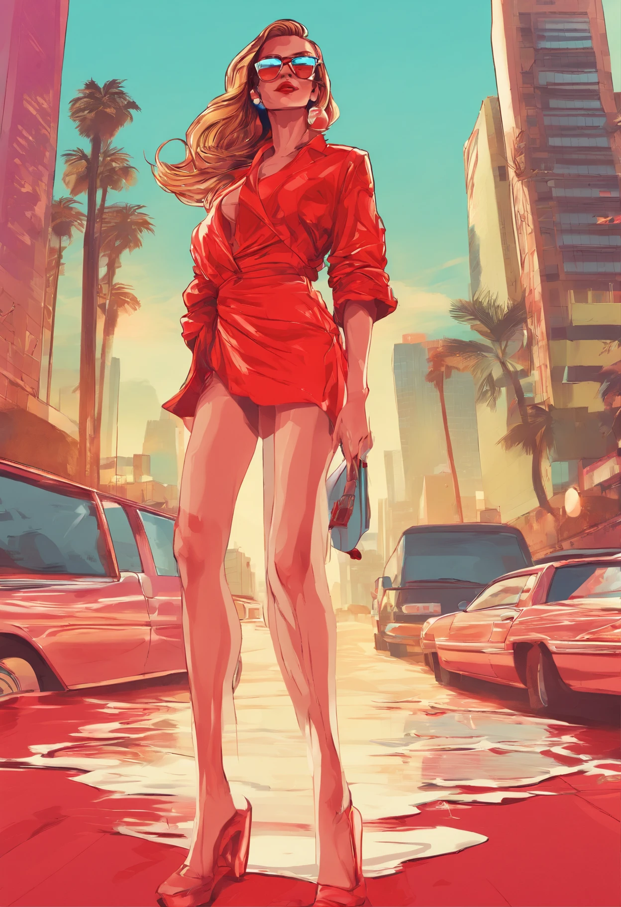 Generate artwork , glassy phenomenon,woman in white dress red dress,Slender legs