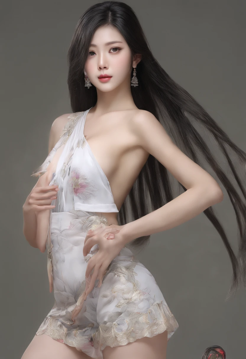 Chinese women, long whitr hair, short detailed hair, Silky hair, completly , barechested, From the front, Model looking away, full-body view,  elongated,  Full detail view, sexy for, big assa,