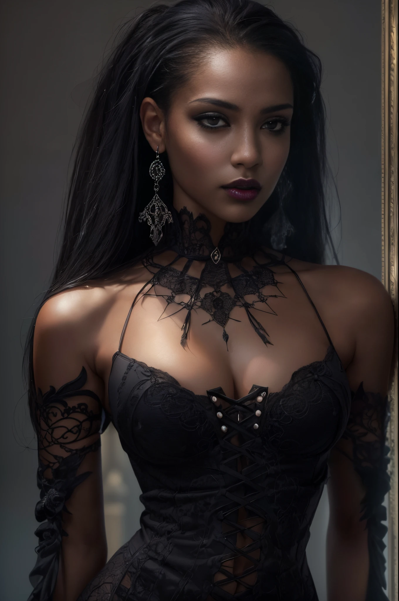 (best quality, 4k, 8k, highres, masterpiece:1.2), ultra-detailed, (realistic,photorealistic,photo-realistic:1.37), gorgeous light skin black woman, vampire, seductive gaze, elegant posture, gothic background, sensual beauty, gothic fashion, black gothic gown, pantyhose, dark colors, moody lighting, full body pose