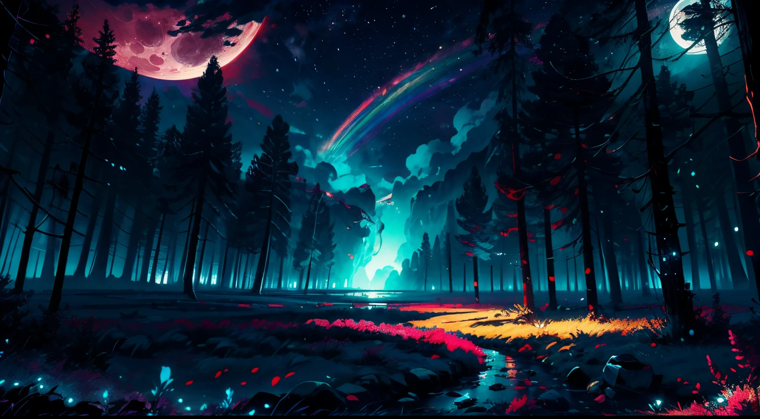 A wide landscape photo, (viewed from below, the sky is above, and the open field is below), an anime girl sitting on colorful flowers field looking up, (full moon: 1.2), (meteor: 0.9), (nebula: 1.3), distant mountains , shooting stars, Trees BREAK Crafting Art, (Warm Light: 1.2), (Firefly: 1.2), Lights, Lots of Purple and Orange, Intricate Details, colorful palette,Volumetric Lighting BREAK (Masterpiece: 1.2), (Best Quality), 4k, Ultra Detailed, (Dynamic Composition: 1.4), Rich in Detail and Color, (Rainbow Color: 1.2), (Glow, Atmospheric Lighting), Dreamy, Magical, (Solo: 1.2),