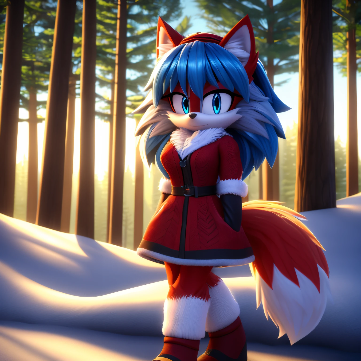 mobian, female, Husky, red fur, fuzzy fur, medium hair, white frosted tips, sky blue colored eyes, hair bangs, large tuft of chest fur, fluffy red fur/hair over the shoulders, fluffy husky tail, standing with crossed legs, winter like forest/park background, looking at viewer, (best quality, 4k, detailed, masterpiece)