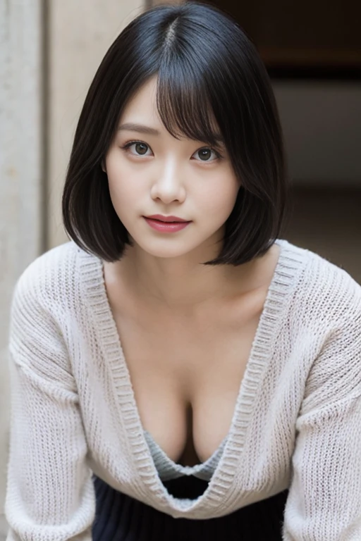 downbrouse、No bangs:1.10、straight flat chest:1.20, (leaning-forward:1.3)、(oversize tshirt、loose fitting sweater、Low Cut T-Shirt:1.5)、bra very.10, Pink areola is visible:1.20,  A Cup:1.20, Erotic, (top-quality、8K、32K、​masterpiece)、japanes、23years old、Very pretty girl、a beauty girl、crouching down、Bright smile、outside of house、shinny skin、blurry backround、short-cut:1.10、Ear hooks:1.20, A dark-haired:1.10, Upper body close-up、Shot from above　Kiss Face,sad Facial expression,embarassed expression,Alafed Girl, chiho, iwakura lain, closeup Iwakura Lain, With short hair, Shiori Teshirogi, Kotegawa Yui, hime-cut, She is 23 years old, sui ishida with black hair, lain iwakura, girl cute-fine-face, Clear pubic contours,(Small breasts), hight resolution, ighly detailed, top-quality, [​masterpiece:1.6],, ighly detailed, nffsw, finely detail, top-quality, , Cinematographic lighting, 1girl in、、Cute Japan Girls、perfect body type、, Cute droopy eyes、Beautiful big eyes、ultra-detailliert、hight resolution、Transcendent beauty　top-quality、​masterpiece、majicMIX Real、(Raw photography:1.2)、(Photorealsitic:1.4)、