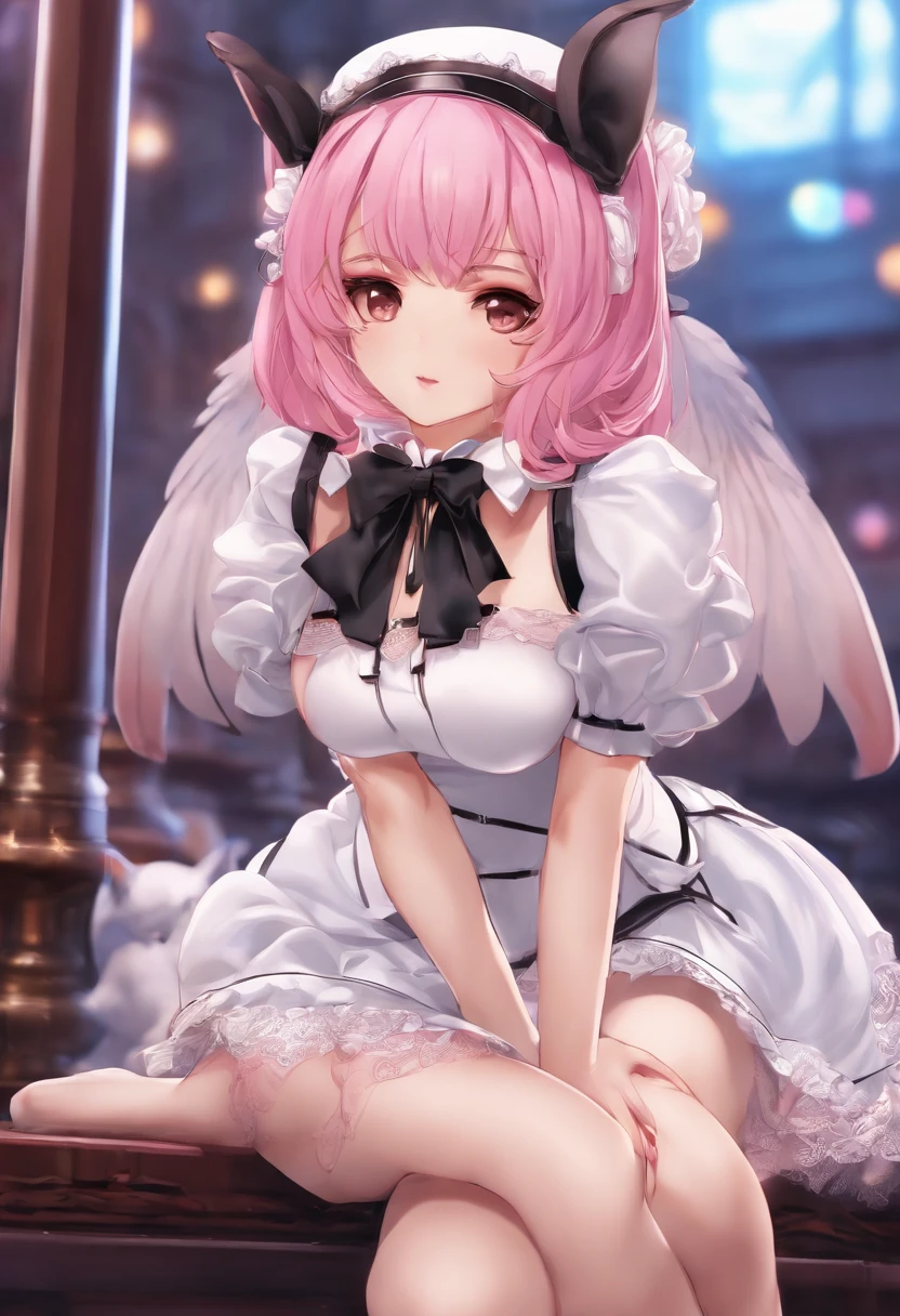 Young anime girl wearing sexy maid outfit，mini-skirts，Dog ears and dog tail，high-heels，Gorgeous young face，Pink hair and angel wings，Sitting with wide legs in strip club, pole dance (poletanz), strip club, night club, Surreal sexy maid, 8K, extremely detaile, In SFM gerendert, [ 8K digital art ]!!, Extremely detailed Artgerm, 3d rendered figure art 8k, Extreme details organ, Gorgeous face